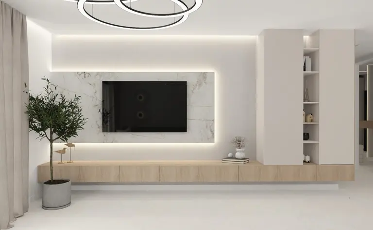 Wnętrze salonu z nowoczesnym telewizorem i drewnianą szafką, oświetleniem LED.