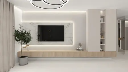 Wnętrze salonu z nowoczesnym telewizorem i drewnianą szafką, oświetleniem LED.