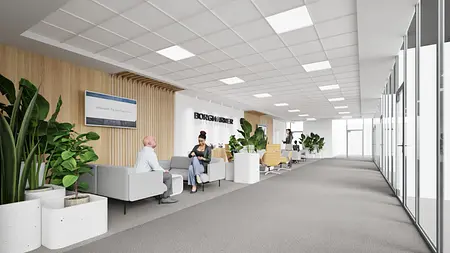 Nowoczesna recepcja z szarymi meblami, drewnianymi detalami i roślinami.