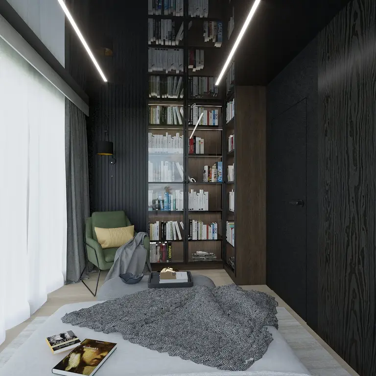 Nowoczesny pokój z zielonym fotelem i regałem w stylu art deco, boho, minimalistycznym