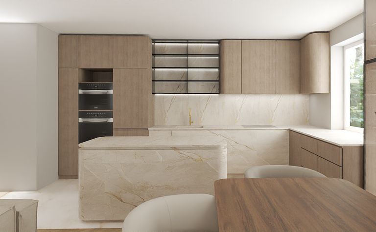Wnętrze kuchni z drewnianymi meblami, marmurowymi blatem i nowoczesnymi detalami.