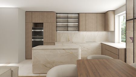 Wnętrze kuchni z drewnianymi meblami, marmurowymi blatem i nowoczesnymi detalami.