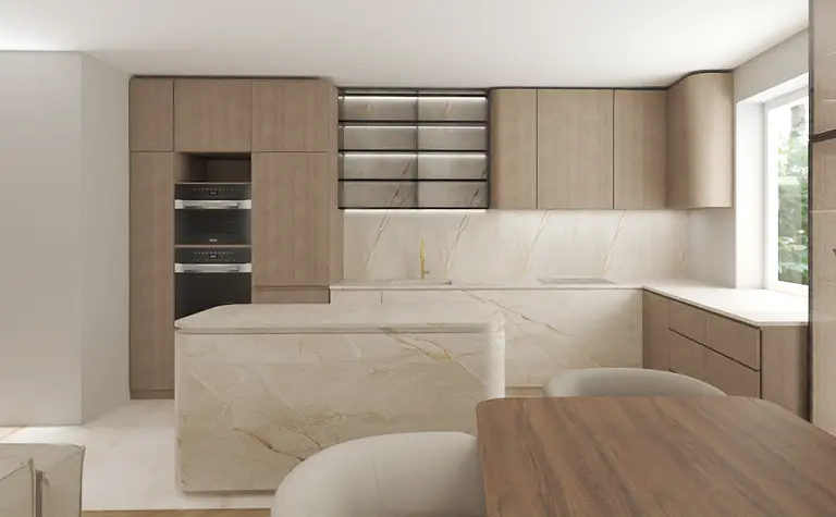 Wnętrze kuchni z drewnianymi meblami, marmurowymi blatem i nowoczesnymi detalami.
