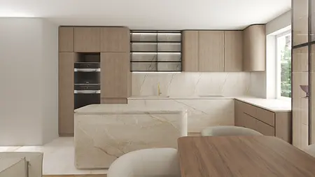 Wnętrze kuchni z drewnianymi meblami, marmurowymi blatem i nowoczesnymi detalami.