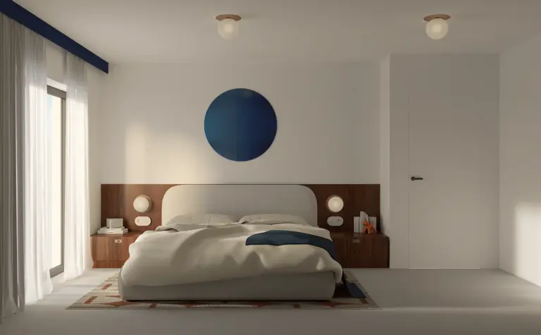Wnętrze sypialni z minimalistycznym designem, dopaminowym wystrojem i współczesnymi detalami.