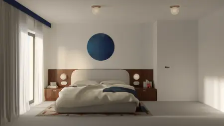 Wnętrze sypialni z minimalistycznym designem, dopaminowym wystrojem i współczesnymi detalami.