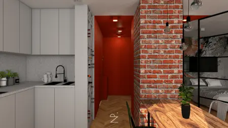 Wnętrze kuchni z industrialnym i minimalistycznym stylem, czerwonymi akcentami.