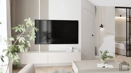 Wnętrze salonu z telewizorem, białymi meblami i zielonymi roślinami, styl glamour i nowoczesny.