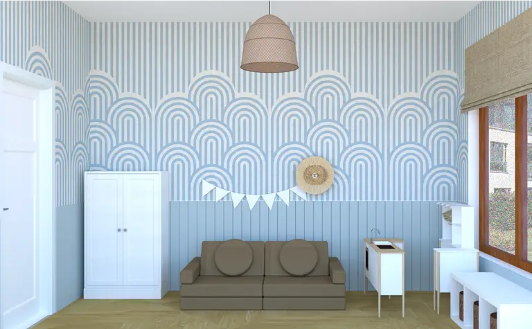 Wnętrze w stylu boho z niebieskimi ścianami i brązową sofą, rustykalny akcent.