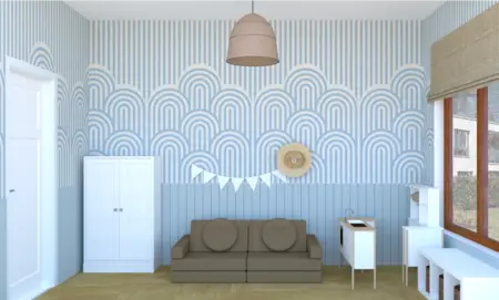 Wnętrze w stylu boho z niebieskimi ścianami i brązową sofą, rustykalny akcent.