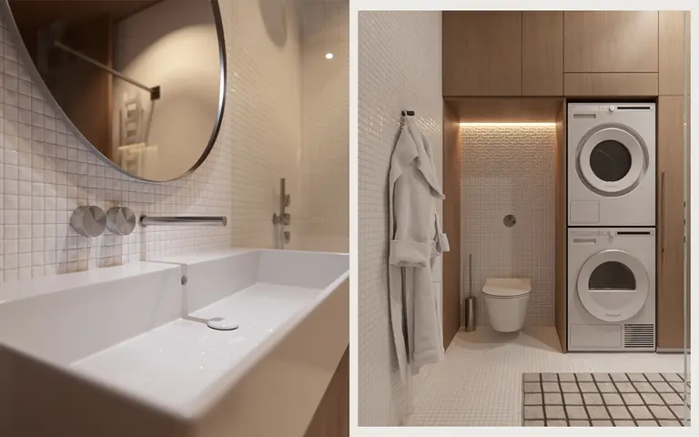 Wnętrze łazienki z białą umywalką, drewnianymi detalami i minimalistycznym designem.