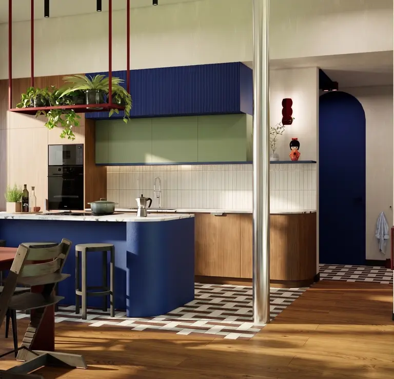 Nowoczesna kuchnia w stylu dopamine decor z niebieskimi i drewnianymi elementami.