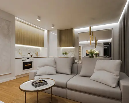 Nowoczesne wnętrze salonu z szarymi meblami, drewnianą podłogą i złotymi akcentami, quiet luxury.