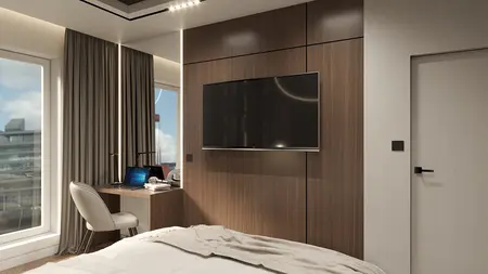 Wnętrze sypialni z brązowymi panelami i biurkiem, nowoczesny design