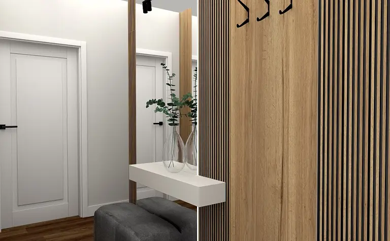 Przedpokój z drewnianymi detalami, lustrem i rośliną w nowoczesnym stylu