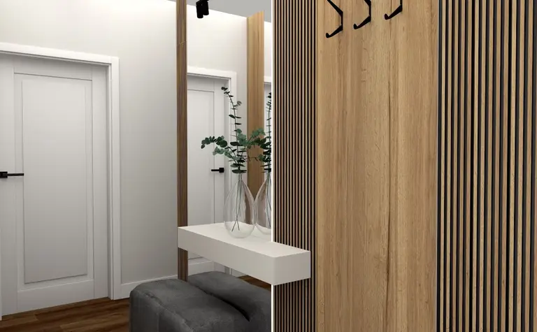 Przedpokój z drewnianymi detalami, lustrem i rośliną w nowoczesnym stylu