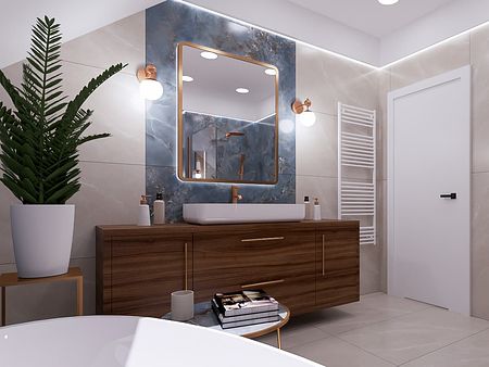 Nowoczesna łazienka glamour z drewnianą szafką, niebieskimi detalami i rośliną.