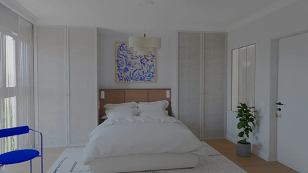 Sypialnia w stylu art deco z beżowymi meblami i niebieskim obrazem