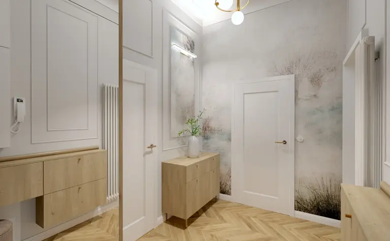 Przedpokój z drewnianą komodą, jasnymi ścianami i rośliną w wazonie, styl quiet luxury.