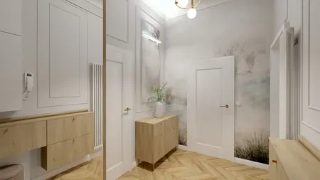 Przedpokój z drewnianą komodą, jasnymi ścianami i rośliną w wazonie, styl quiet luxury.