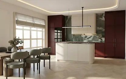 Wnętrze kuchni z ciemnymi meblami i jasnym blatem, styl eklektyczny, quiet luxury, tradycyjny, vintage, współczesny, minimaluxe.