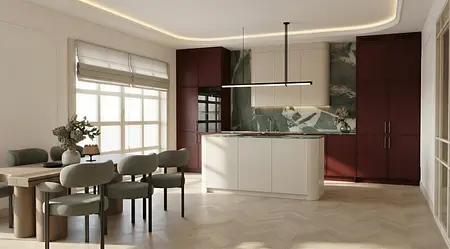 Wnętrze kuchni z ciemnymi meblami i jasnym blatem, styl eklektyczny, quiet luxury, tradycyjny, vintage, współczesny, minimaluxe.