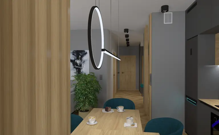 Wnętrze kuchni w stylu dopamine decor i japandi z drewnem, szarością i minimalistycznym oświetleniem.