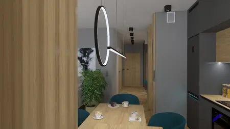 Wnętrze kuchni w stylu dopamine decor i japandi z drewnem, szarością i minimalistycznym oświetleniem.