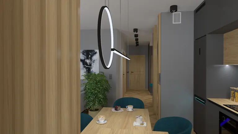 Wnętrze kuchni w stylu dopamine decor i japandi z drewnem, szarością i minimalistycznym oświetleniem.