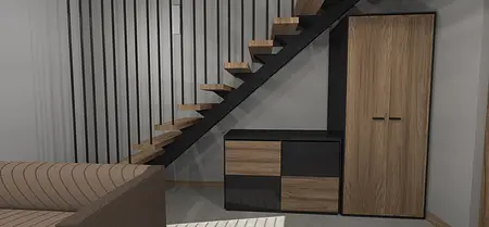 Wnętrze z drewnianymi schodami, minimalistyczne meble w stylu japandi i skandynawskim.