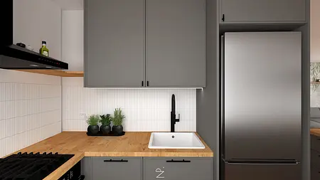 Kuchnia w stylu eklektycznym z szarymi meblami i drewnianym blatem, nowoczesny design