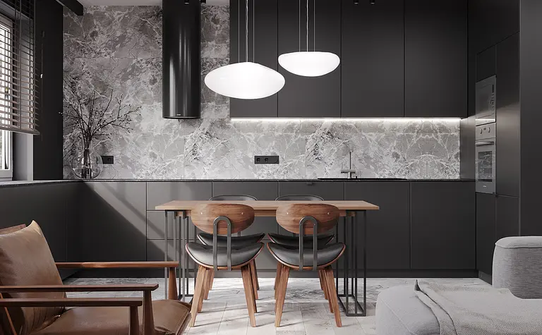 Kuchnia w stylu industrialnym z minimalistycznymi akcentami, nowoczesnymi meblami i szaro-czarnymi detalami.
