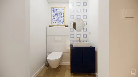 Wnętrze łazienki z niebieskimi płytkami, białą umywalką i drewnianą podłogą, styl dopamine decor, eklektyczny, skandynawski.