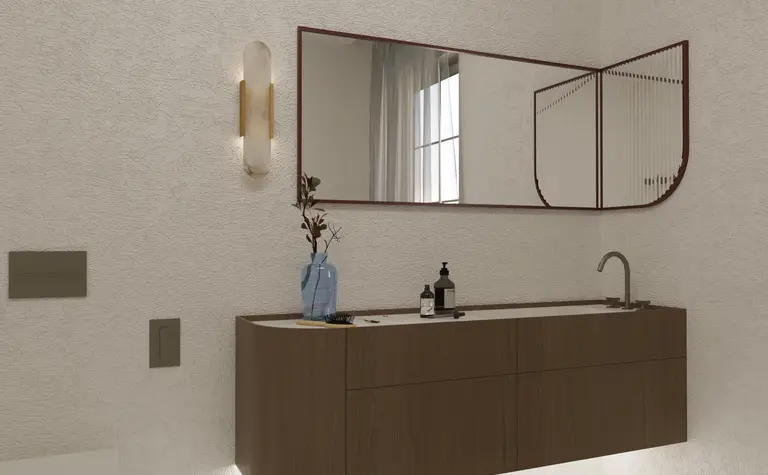 Wnętrze łazienki w stylu soft minimalizm i vintage z drewnianymi akcentami.