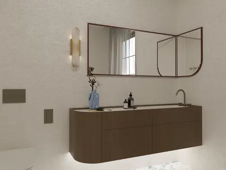 Wnętrze łazienki w stylu soft minimalizm i vintage z drewnianymi akcentami.