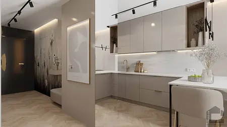 Wnętrze kuchni w stylu glamour i nowoczesnym z beżowymi meblami.