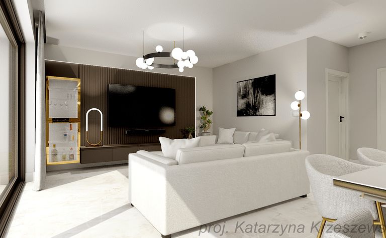Wnętrze salonu z białą sofą, telewizorem i nowoczesnym oświetleniem. Styl glamour i minimalistyczny.