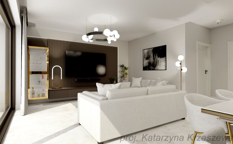 Wnętrze salonu z białą sofą, telewizorem i nowoczesnym oświetleniem. Styl glamour i minimalistyczny.