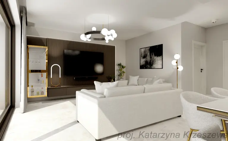 Wnętrze salonu z białą sofą, telewizorem i nowoczesnym oświetleniem. Styl glamour i minimalistyczny.