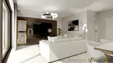 Wnętrze salonu z białą sofą, telewizorem i nowoczesnym oświetleniem. Styl glamour i minimalistyczny.