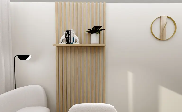 Wnętrze z drewnianą półką, roślinami i lampą w stylu współczesnym.