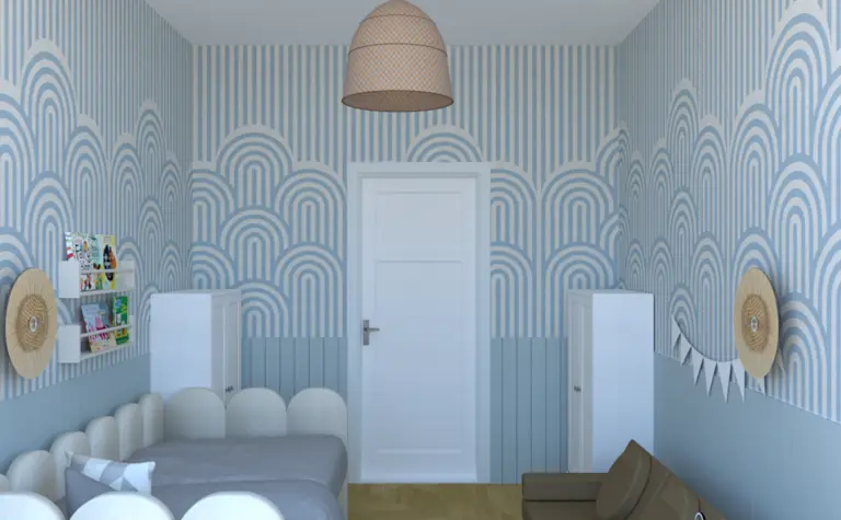 Pokój dziecięcy w stylu boho i skandynawskim z niebieskimi ścianami.