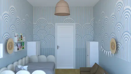 Pokój dziecięcy w stylu boho i skandynawskim z niebieskimi ścianami.