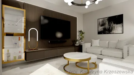 Wnętrze salonu z białymi meblami, złotym stolikiem i telewizorem.