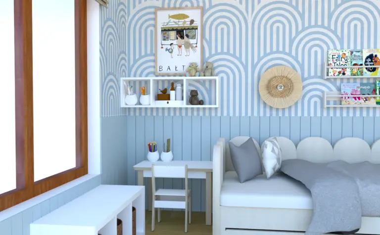 Wnętrze pokoju dziecięcego w stylu boho, nowoczesnym, skandynawskim z niebieskimi detalami.