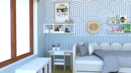 Wnętrze pokoju dziecięcego w stylu boho, nowoczesnym, skandynawskim z niebieskimi detalami.