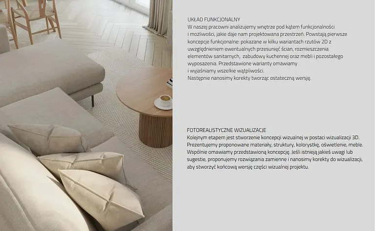 Współczesny salon z jasnymi meblami i drewnianym stołem, przytulne wnętrze.