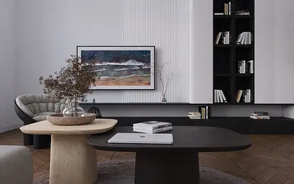 Wnętrze salonu z minimalistycznym i skandynawskim stylem, drewniane meble, stonowane kolory.