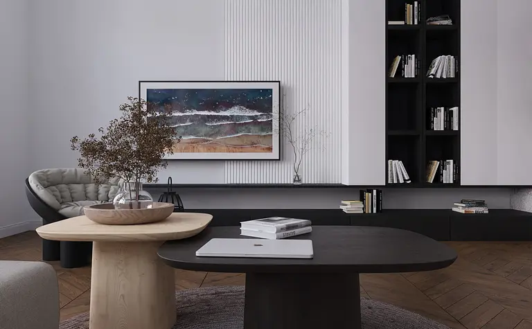 Wnętrze salonu z minimalistycznym i skandynawskim stylem, drewniane meble, stonowane kolory.
