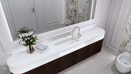 Nowoczesna łazienka z minimalistycznym designem, białą umywalką i brązową szafką.